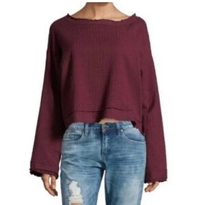 Free People Women's Maroon/Burgundy long sleeve blouse with ribbon Size M
